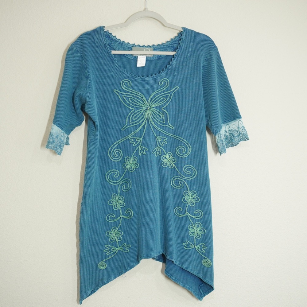 Inca Cottons Size Medium Teal Blue Tunic Top  Butterfly Embroidered Boho Indie